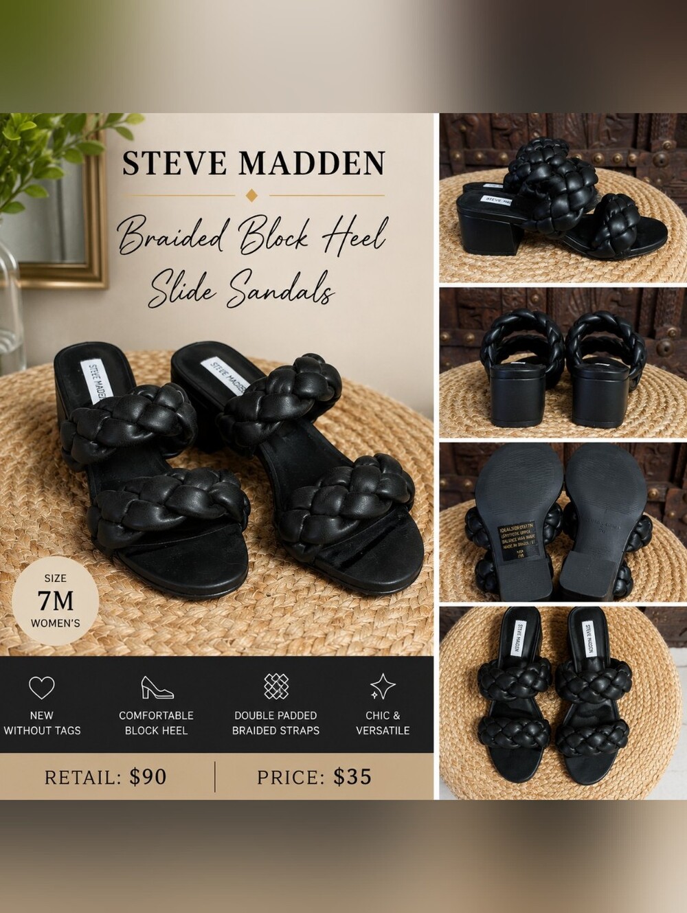 Steve Madden Braided Block Heel Slide Sandals Black | Size 7M | NWOT